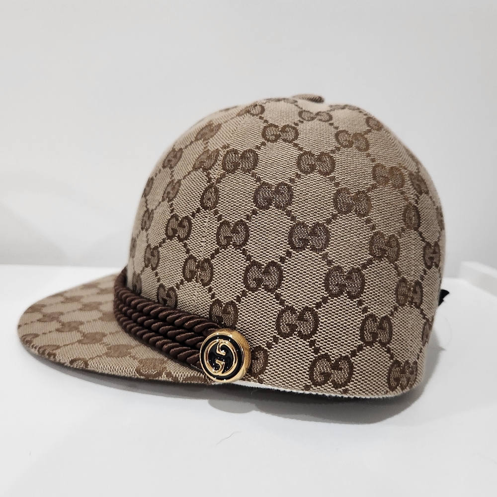 Gucci Beige & Brown Monogram Baseball Cap with Gold Logo